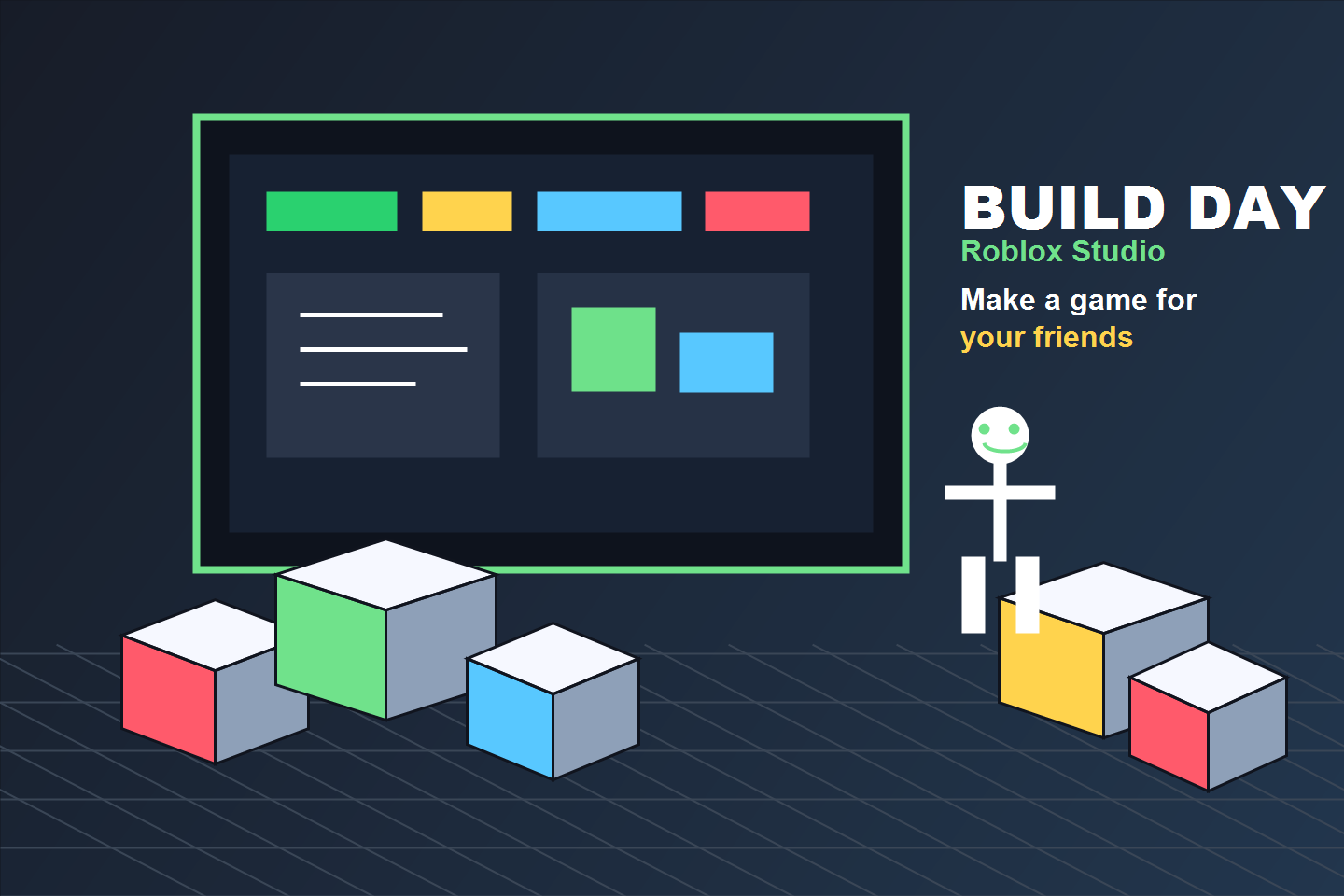 A colorful Build Day poster with blocky game pieces, a Roblox Studio screen, and a builder character.